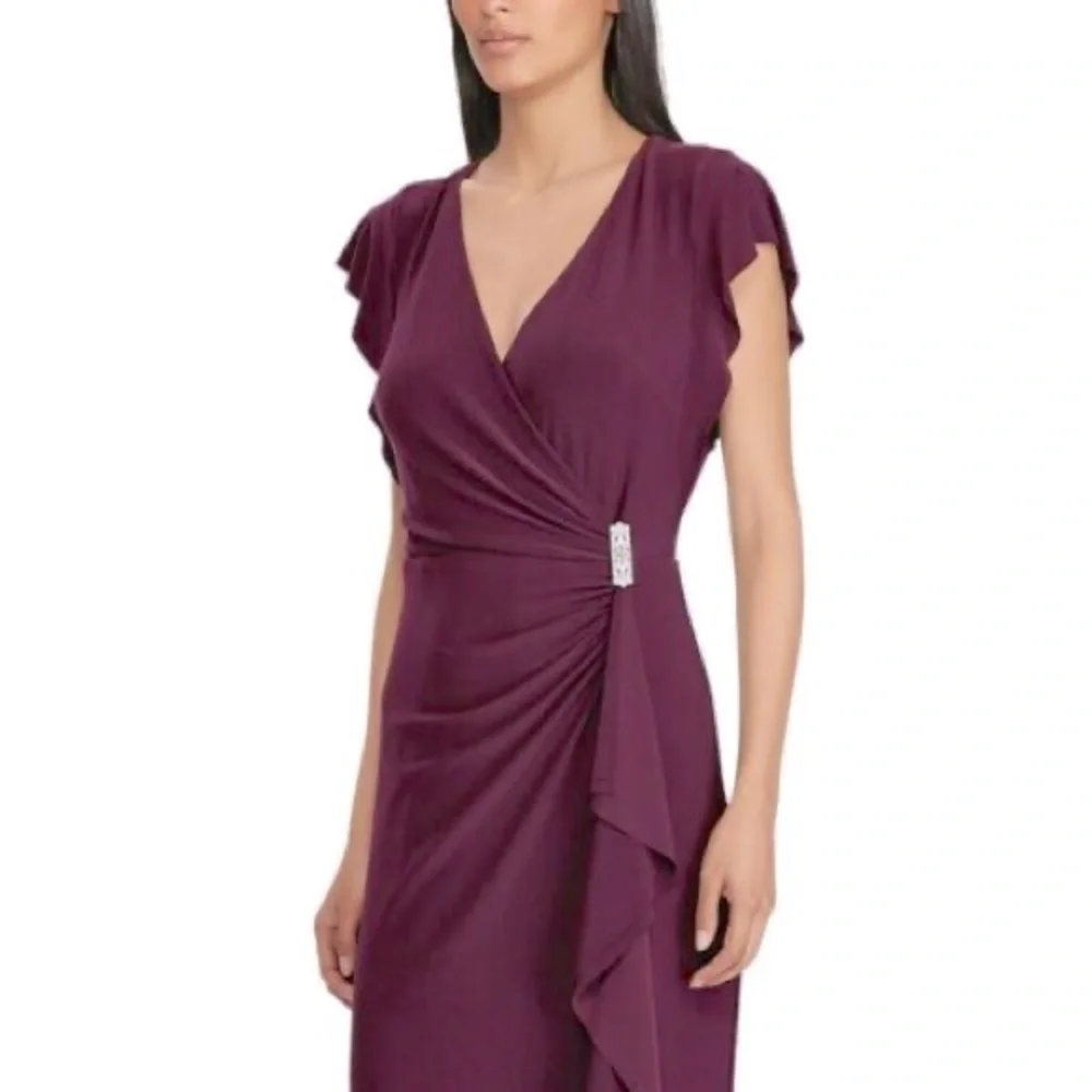 Ralph Lauren Ruffle Long Gown 6 Rhinestone Elegant Burgundy Purple Maxi Dress - Picture 2 of 4